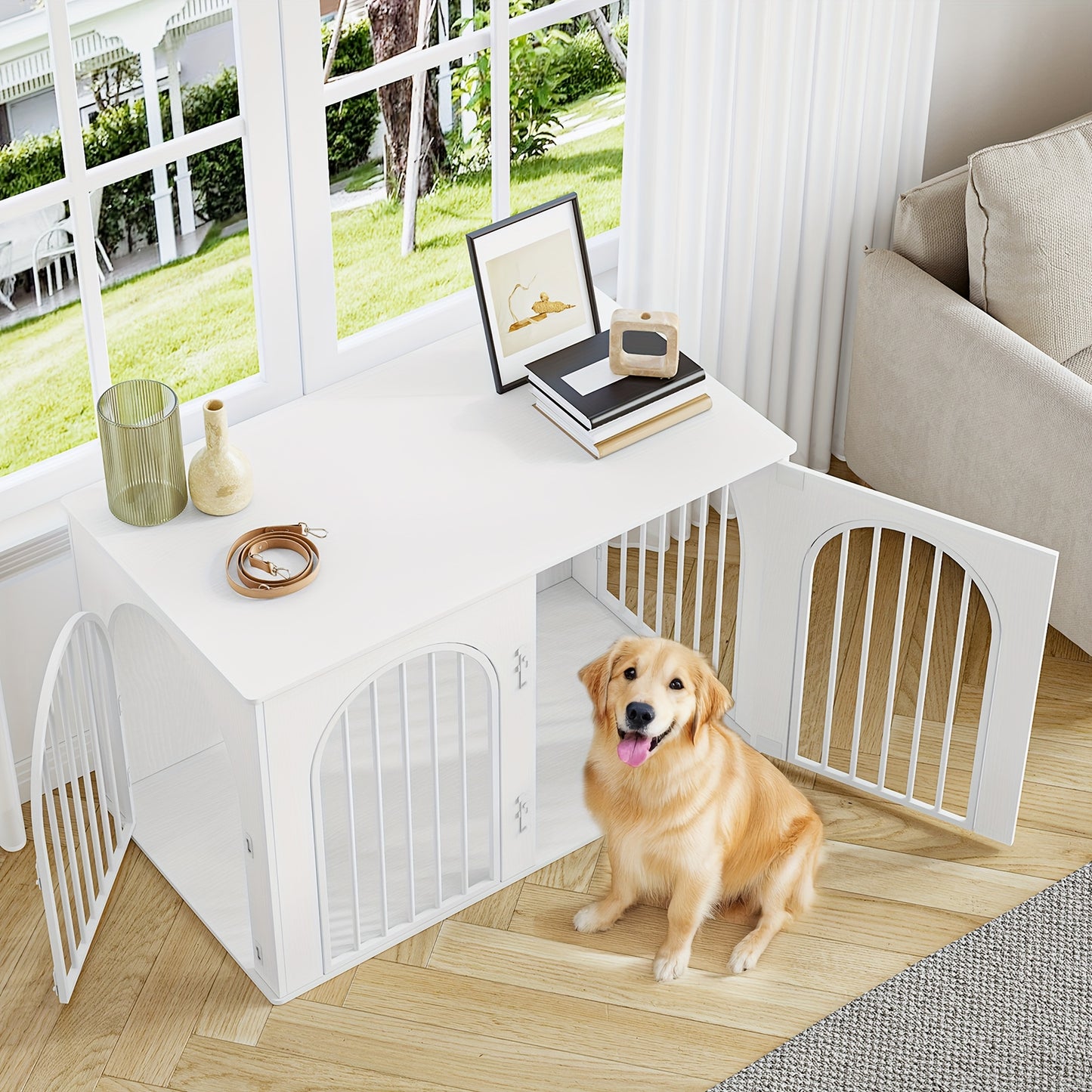 Hondenbench – Hondenkooi – Hondenhok – Dierenkooi – Hondenhuis – 3 Deuren & Gebogen Deur – 108x64x76 cm Wit – Hout & Metaal – Sterk en Multifunctioneel