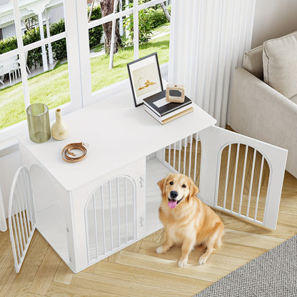 Hondenbench – Hondenkooi – Hondenhok – Dierenkooi – Hondenhuis – 3 Deuren & Gebogen Deur – 108x64x76 cm Wit – Hout & Metaal – Sterk en Multifunctioneel