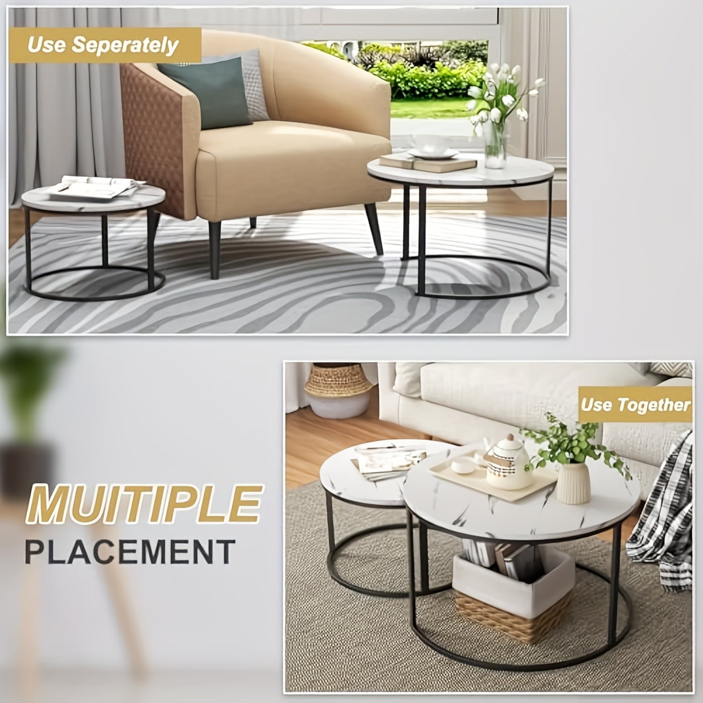 Salontafel – Salontafels – Bijzettafel – Koffietafel – Woonkamertafel – Set van 2 – Rond – Houtfineer Marmerlook – Zwart Metalen Frame