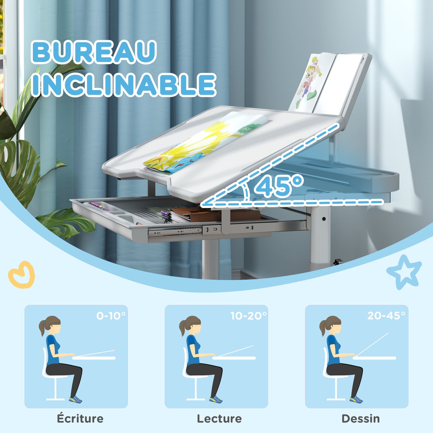 Kinderbureau met Stoel – Kindertafel – Schrijftafel – Studiehoek – Speeltafel – 45° Verstelbaar Werkblad – Hoogte Verstelbaar Grijs