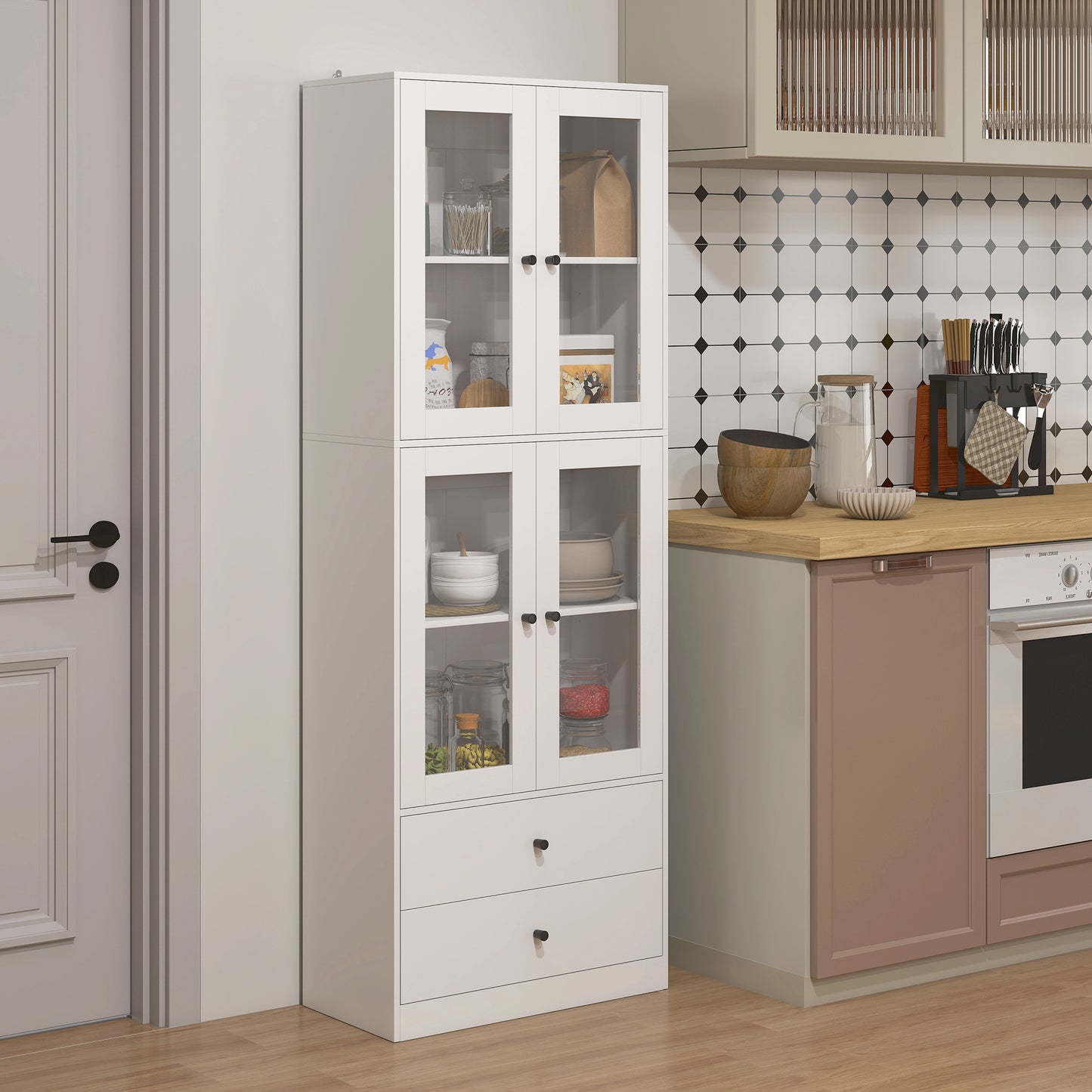 Keukenkast – Kast – Opbergmeubel – Dressoir – Ladekast – Wit – Glazen Deuren – Melamine Afwerking – Elektriciteitsvrij