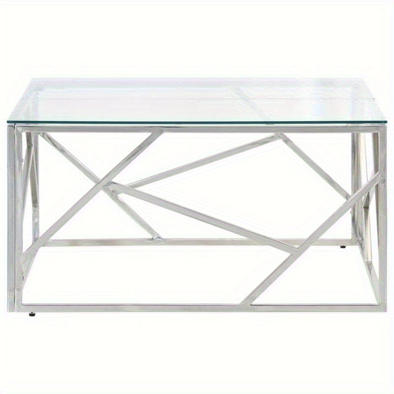 Salontafel – Bijzettafel – Woonkamertafel – Koffietafel – Tafeltje – Roestvrijstaal Frame – Gehard Glas – Zilverkleurig – Stevig & Duurzaam – Compact Formaat