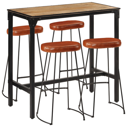 Barset – Barkrukken – Bar Stoelen – Bistro Set – Keukenbar Set – Massief Mangohout – Industrieel Metalen Frame – Comfortabele Zitting – Kunstleer Bekleding – Bruin