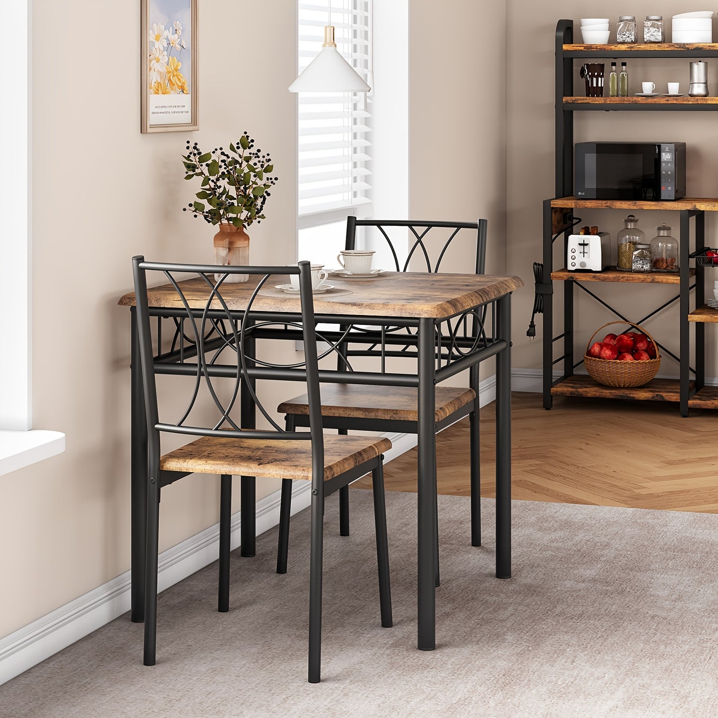 Eettafelset – Keukentafelset – Eethoek – Zitgroep – Tafel met Stoelen – Compact Design – MDF Hout en Stalen Frame – Bruin Met Zwarte Accenten