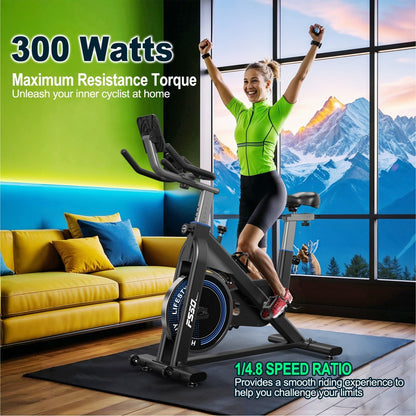 Magnetic Resistance Exercise Bike for Home, Fully Adjustable Ergometer, Quiet Indoor Bike with RPM Display, Large Tablet Holder, 150KG Capacity