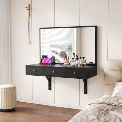 Make-uptafel – Make-uptafel – Kaptafel – Dressoir – Make-up Bureau – Zwart Hangend Model – 3 Lades & Bekerhouder – Ruimtebesparend Design – Zonder Elektriciteit – Duurzaam Glas