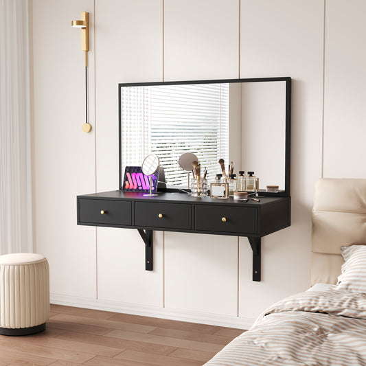 Make-uptafel – Make-uptafel – Kaptafel – Dressoir – Make-up Bureau – Zwart Hangend Model – 3 Lades & Bekerhouder – Ruimtebesparend Design – Zonder Elektriciteit – Duurzaam Glas