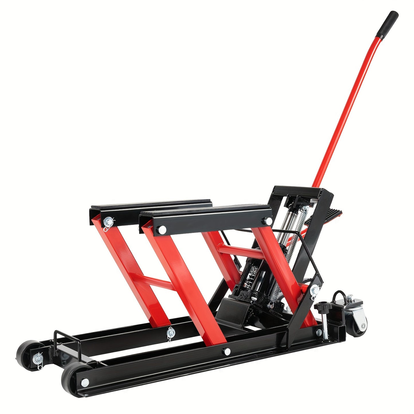 Motorfietsbrug – Motorlift – Hydraulische Motorbrug – Motorkrik – Werkplaatsbrug – 680 kg Belastbaar – Robuust Koolstofstaal Frame – Rood – Verstelbare Hefhoogte – 4 Zwenkwielen
