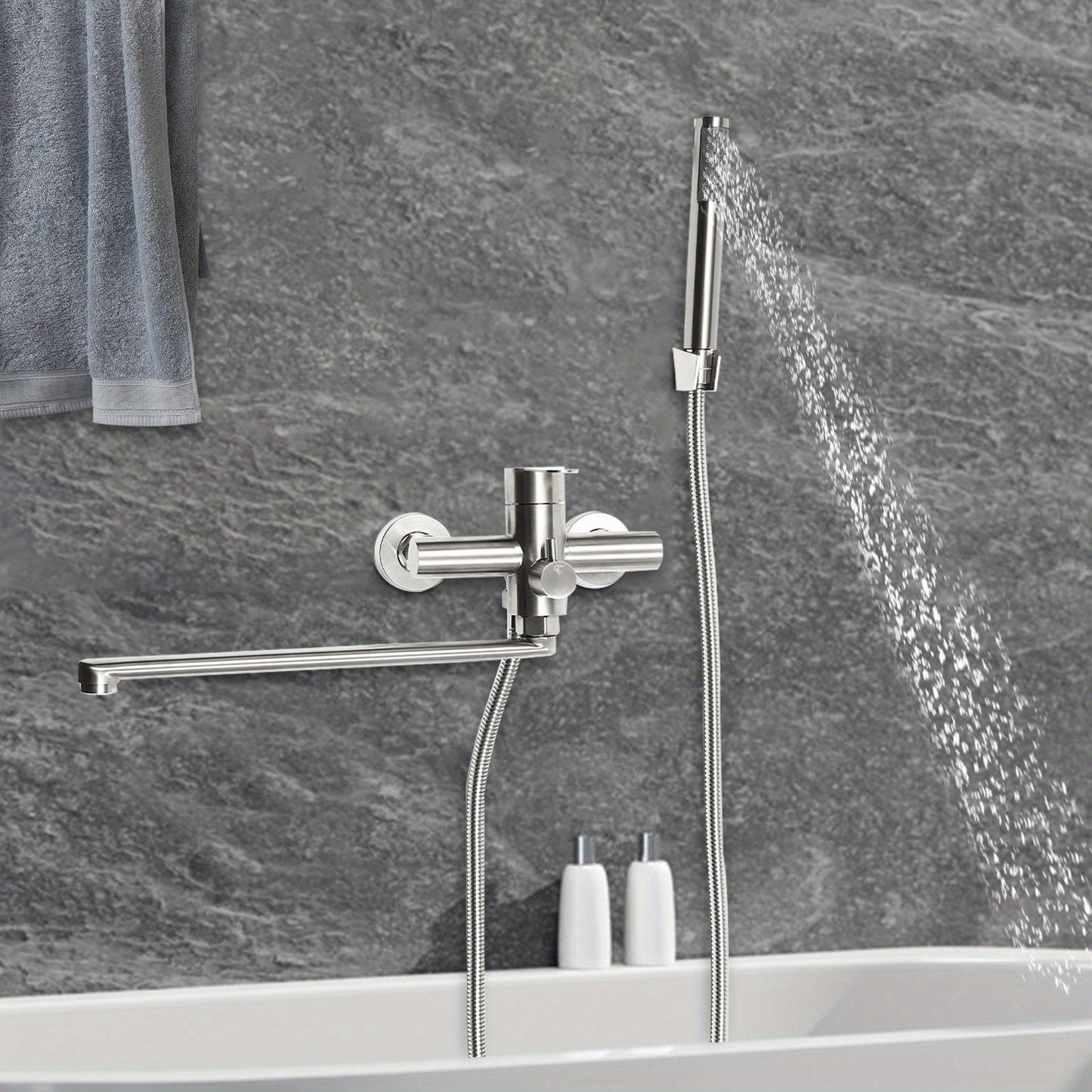 TOOL1SHOOO 22.5cm Brushed Chrome Bath Mixer Faucet - 360° Swivel Wall-Mounted Shower Head with 2 Spout Modes, Modern Design for Home Bathrooms, Hotels, Spas & Gyms, Bathroom Upgrade, Sleek Bathroom Style, Durable Bathroom Fi