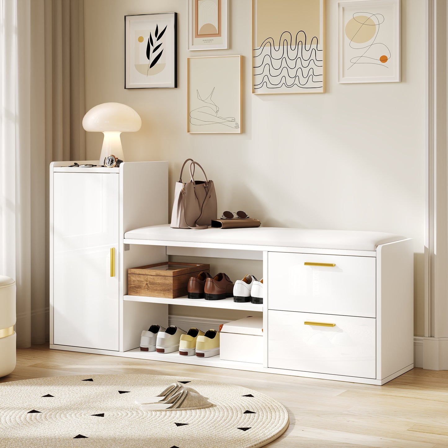 BTM Shoe Cabinet 128×30×68 Cm, in White with Shoe Bench, 2 Drawers & 1 Closet, Open 2-Tier Shoe Rack with Upholstered Seat Bench, Storage Furniture for Hallway, Living Room Or Office