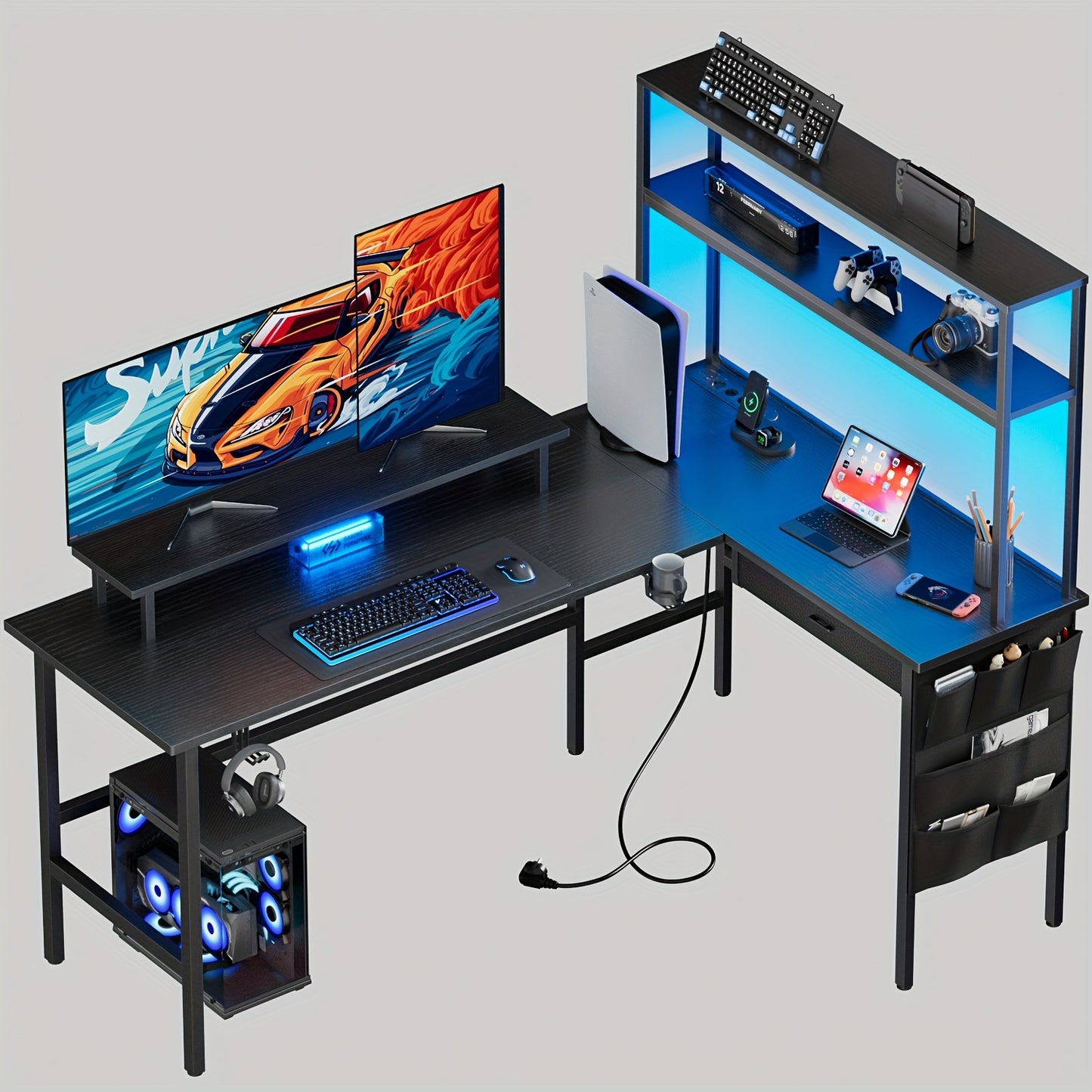 Ergonomisch Hoekbureau – Computerbureau – Gaming Tafel – L-vormig Bureau – Bureau Hoekopstelling – Geïntegreerde LED-verlichting – Verstelbare Monitorstandaard 170x100 cm Grijs