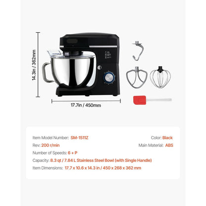 Standmixer – Keukenmixer – Deegmixer – Keukenrobot - Mengmachine – 7,8 Liter – Roestvrij Staal – 6 Snelheden