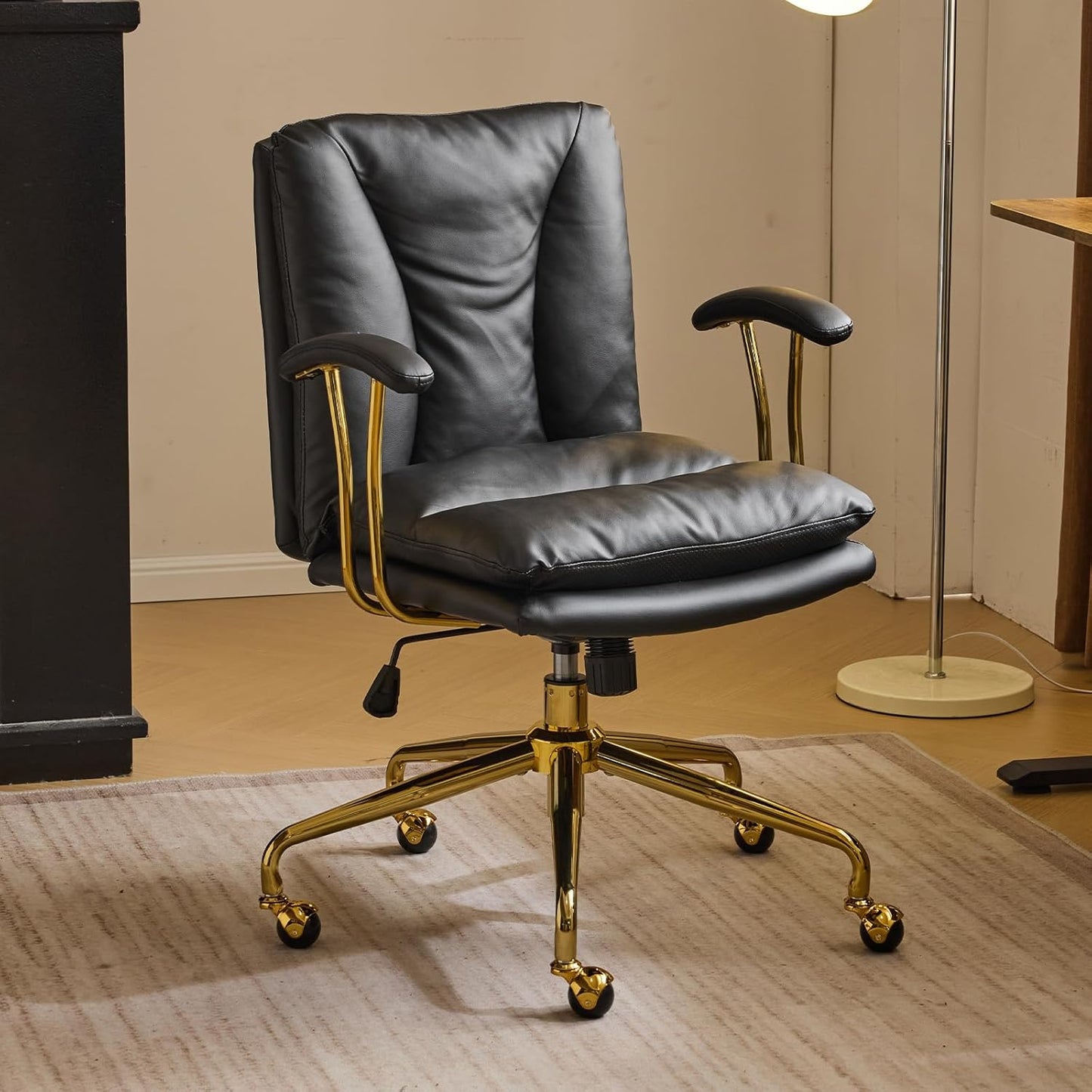 Bonnlo Ergonomic Office Chair with Adjustable Height - Heavy-Duty Leather-like Swivel Desk Chair, Golden Metal Base & Padded Backrest, White/Black Armrests, Manual Recline - Heavy-Duty Metal Frame for Home & Corporate Workspa