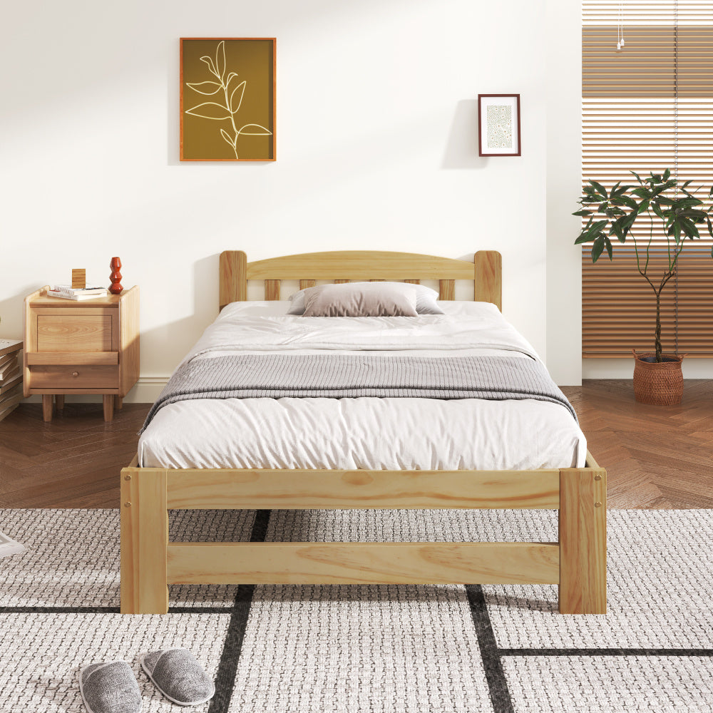 Houten Bed – Massief Houten Bed – Eenpersoonsbed – Futonbed – Natuurlijke Kleur Bed – Met Hoofdeinde – Lattenbodem – Afmeting 90x200 cm