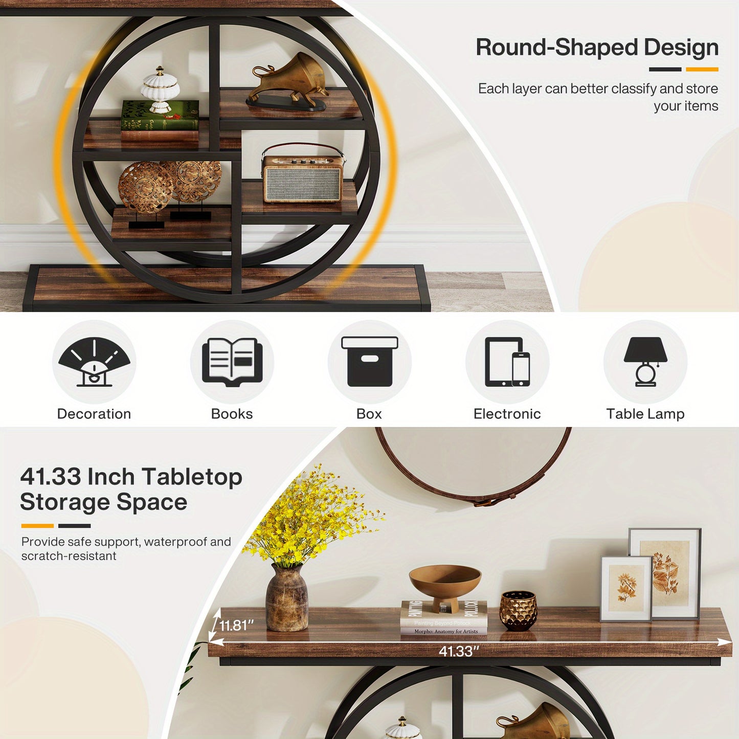 Smalle Rondvormige Haltafel – Sidetable – Opbergtafel – Gangtafel – Halmeubel – Rustiek Bruin – Multi-laags Opbergplanken – Hout & Kunststof – Ruimtebesparend Design