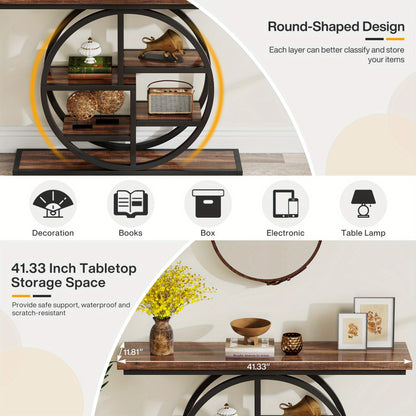 Smalle Rondvormige Haltafel – Sidetable – Opbergtafel – Gangtafel – Halmeubel – Rustiek Bruin – Multi-laags Opbergplanken – Hout & Kunststof – Ruimtebesparend Design