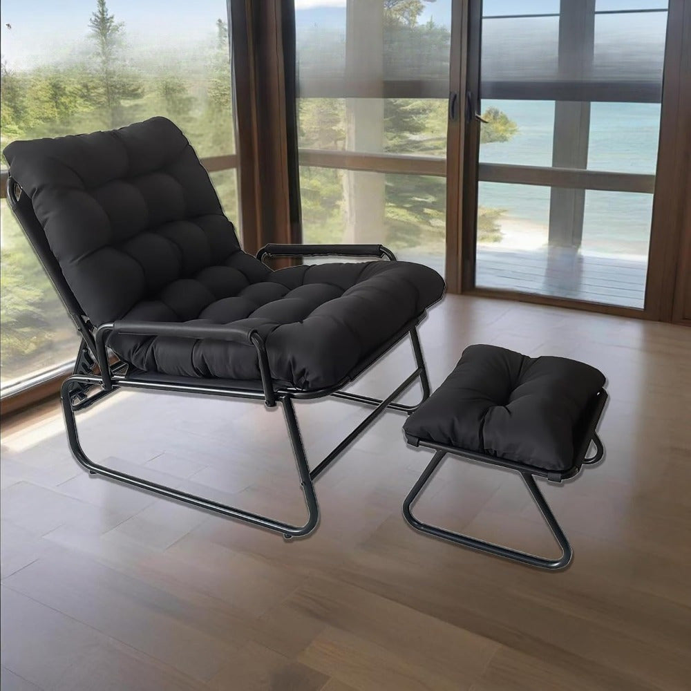 Relaxstoel – Relaxfauteuil – Lounge Stoel – Verstelbare Fauteuil – Schommelstoel – Ergonomische Armleuningen – Stevig Metalen Frame – Zacht Gevoerd Zitkussen – Draagbaar Binnen Buiten – Grijs/Zwart