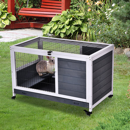 Konijnenhok – Konijnenkooi – Knaagdierverblijf – Buitenhok – Konijnenren – Twee-hoog Design – Wieltjes Met Remmen – Open Dak – Schuiflade – Grijs-Wit Pijnboomhout
