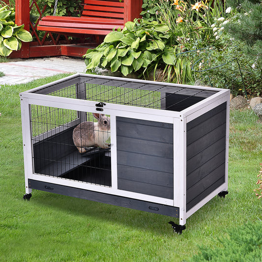 Konijnenhok – Konijnenkooi – Knaagdierverblijf – Buitenhok – Konijnenren – Twee-hoog Design – Wieltjes Met Remmen – Open Dak – Schuiflade – Grijs-Wit Pijnboomhout