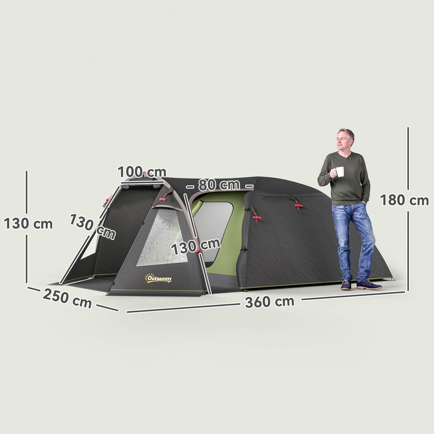 Familietent – Kampeertent – Buitentent – Tunneltent – Tent voor 4 Personen – Lichtgewicht Glasvezelframe – 3 Deuren en Ramen – Zwart – 360x250x130 cm