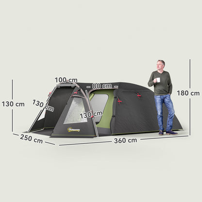 Familietent – Kampeertent – Buitentent – Tunneltent – Tent voor 4 Personen – Lichtgewicht Glasvezelframe – 3 Deuren en Ramen – Zwart – 360x250x130 cm
