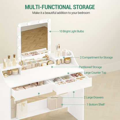 Kaptafel – Make-uptafel – Schminktisch – Toillet – Dressing Table – Met Instelbare LED-Verlichting – 2 Lades En 3 Open Vakken – Wit – Modern Design