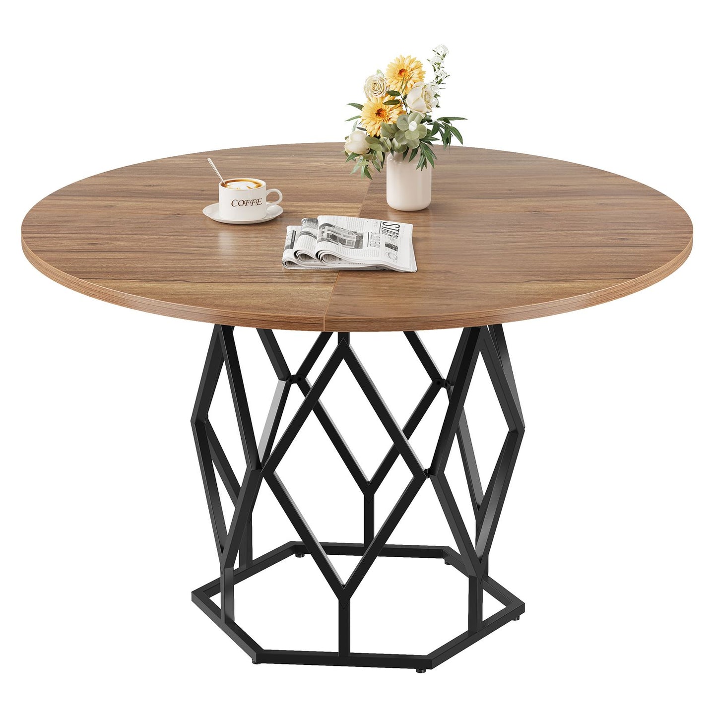 Ronde Eettafel – Ronde Tafel – Tafel Rond – Houten Eettafel – Houten Tafel – 120 cm Diameter – Massief Hardhout Metalen Onderstel – Geschikt Voor 4-6 Personen – Eenvoudige Montage – Stevig & Duurzaam Design