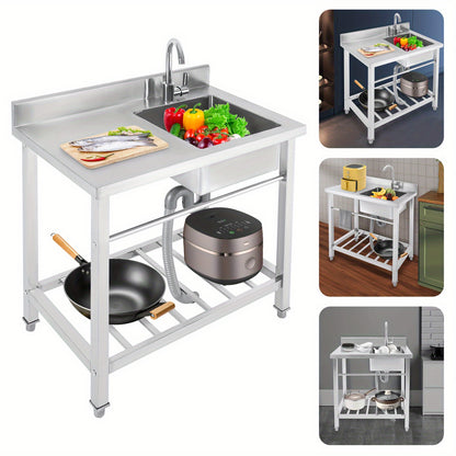 TOOL1SHOOO freestanding kitchen sink 201, stainless steel Silvery, modern rectangular design, equipped with 360° rotating faucet, X-shaped drainage guide line, suitable for kitchen, bathroom, restaurant, bar, and laundry roo