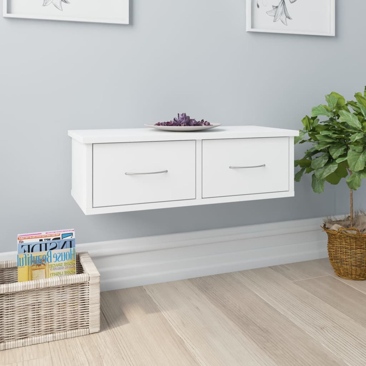 Wandplank – Boekenplank – Wandrek – Muurplank – Zwevende Plank – Incl. Lade – 60x26x18,5 cm – Wit Engineered Wood – Wandmontage