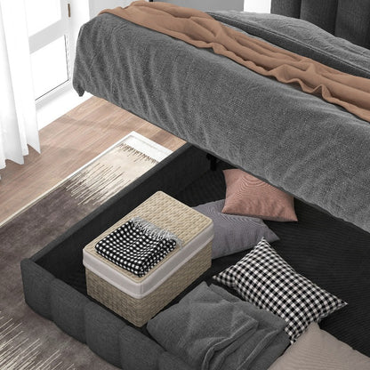 Bedframe – Tweepersoonsbed – Boxspring – Opbergbed – Slaapbank – Hydraulisch Verstelbaar Hoofdeinde – Metalen Frame – 140x200 cm – Grijze Linnen Bekleding – Opberglades – Eenvoudige Montage – Zonder Elektriciteit