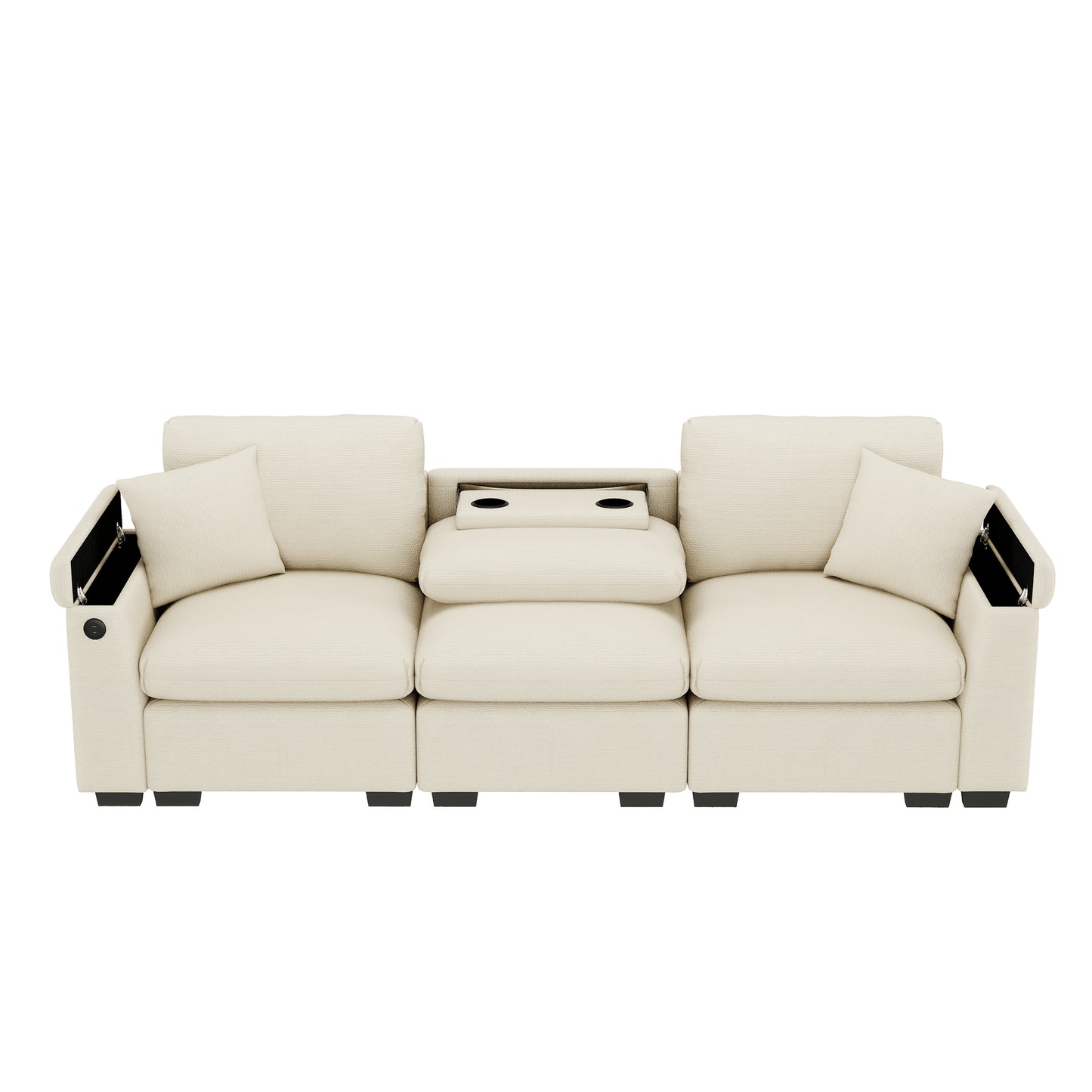 3-Zits Bank – Hoekbank – Slaapbank – Loveseat – Convertible Bank – Inklapbare Tafel – Bamboe Frame Met Opbergruimte – Licht Beige Katoen – Ruimtebesparend Multifunctioneel Design