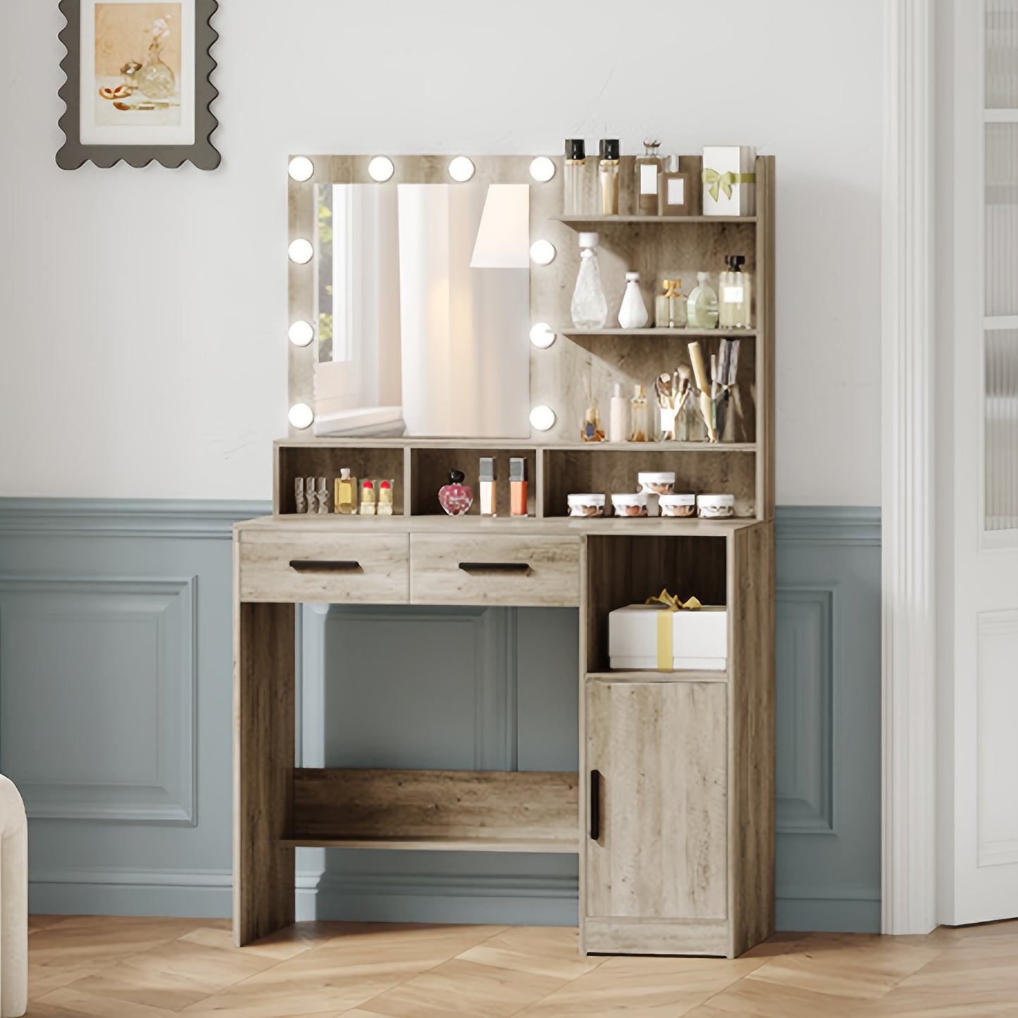 Makeuptafel – Kaptafel – Cosmeticatafel – Vanitafel – Make-up tafel – Verlichte Spiegel Met 10 LED – 90x40x140 cm Hout
