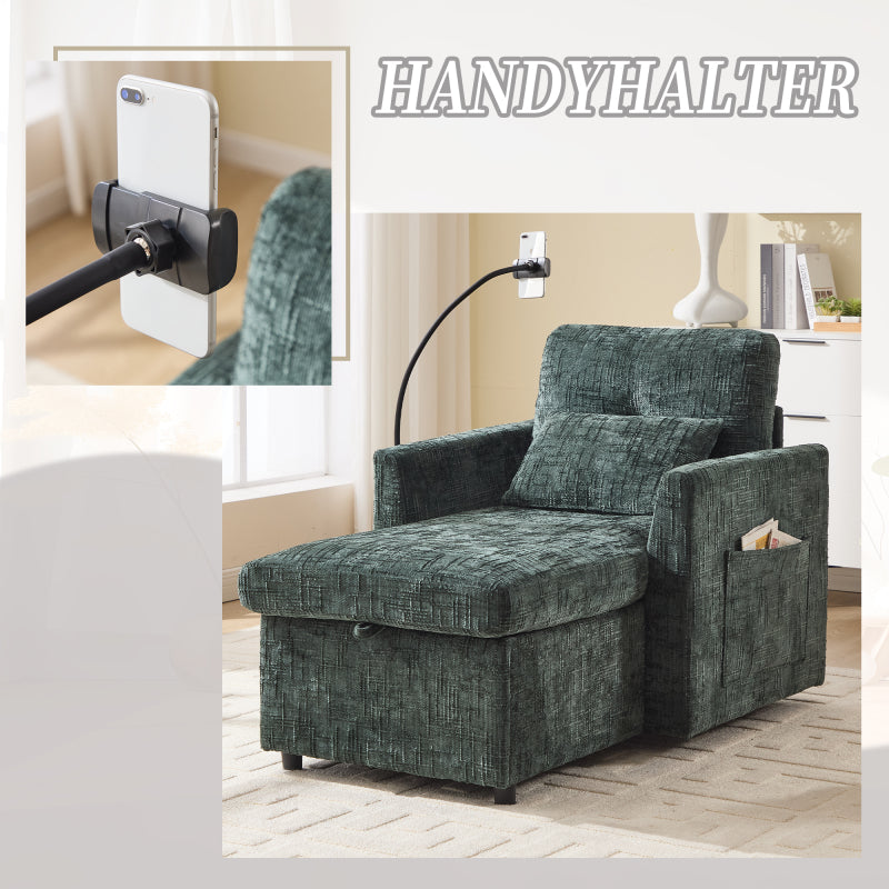 Loungestoel – Relaxstoel – Fauteuil – Leunstoel – Chenille Stoel – Inklapbaar & Ruimtebesparend – Zachte Chenille Bekleding & Telefoonhouder Met Opbergruimte