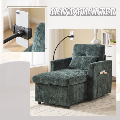 Loungestoel – Relaxstoel – Fauteuil – Leunstoel – Chenille Stoel – Inklapbaar & Ruimtebesparend – Zachte Chenille Bekleding & Telefoonhouder Met Opbergruimte