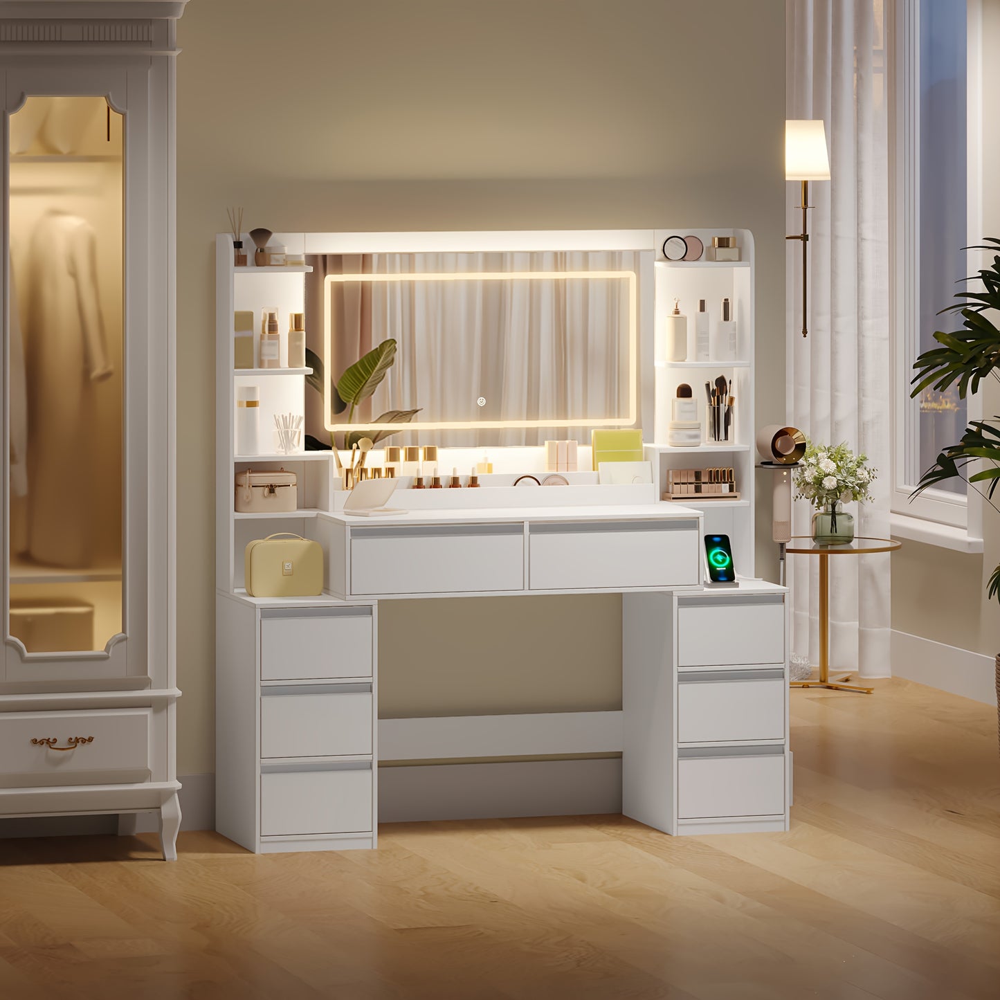 Kaptafel – Make-uptafel – Opmaaktafel – Schminktafel – Met Spiegel en Föhnhouder – 8 Lades & Open Vakken – 135x40x145 cm – Wit-Zilveren MDF