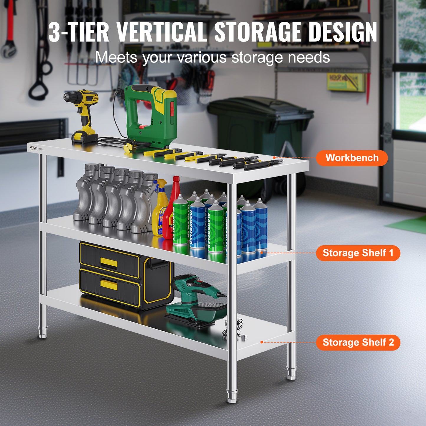 RVS Werktafel – Roestvrijstalen Werkbank – Keukentafel – Werkblad – Prep Tafel – Zilver – 3 Niveaus Met Verstelbare Planken – 0,8 mm Dikte Roestvrij Staal