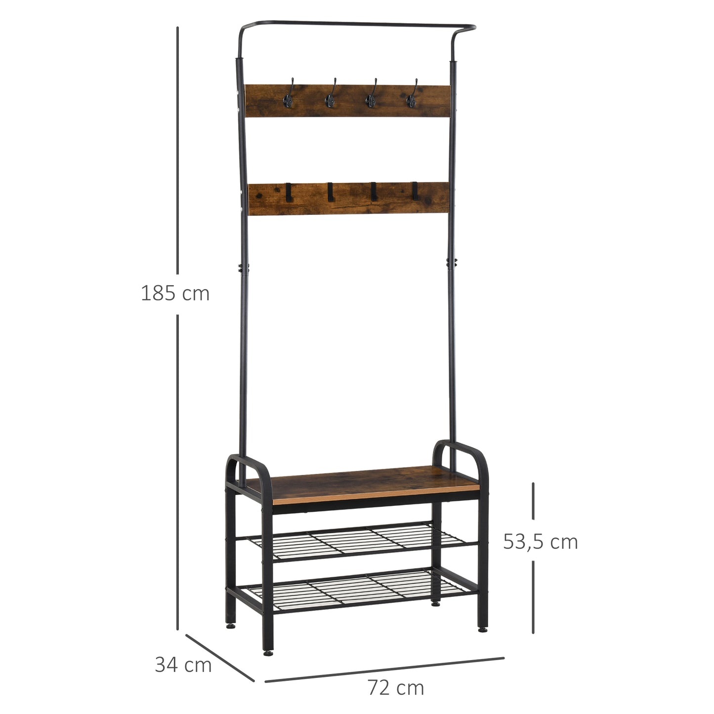 Kledingstandaard – Kapstok – Jassenrek – Schoenenrek – Garderoberek – Zwart – Compact 72x34x185 cm – 8 Haken en 2 Legplanken