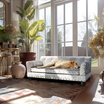Hondenbankje – Hondenbed – Huisdier Sofa – Orthopedisch Bed – Hondenkussen – Eucalyptus Houten Frame – Nederlands Fluweel – Orthopedische Polyurethaanvulling – Verhoogde Constructie