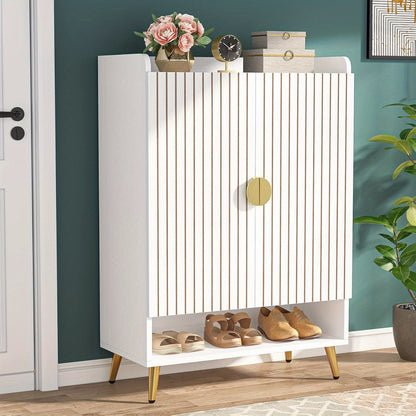 Schoenenkast – Schoenenrek – Schoenopberger – Schoenenkast – Schoenmeubel – 6-laags met Verstelbare Planken – Wit MDF met Gouden Accenten