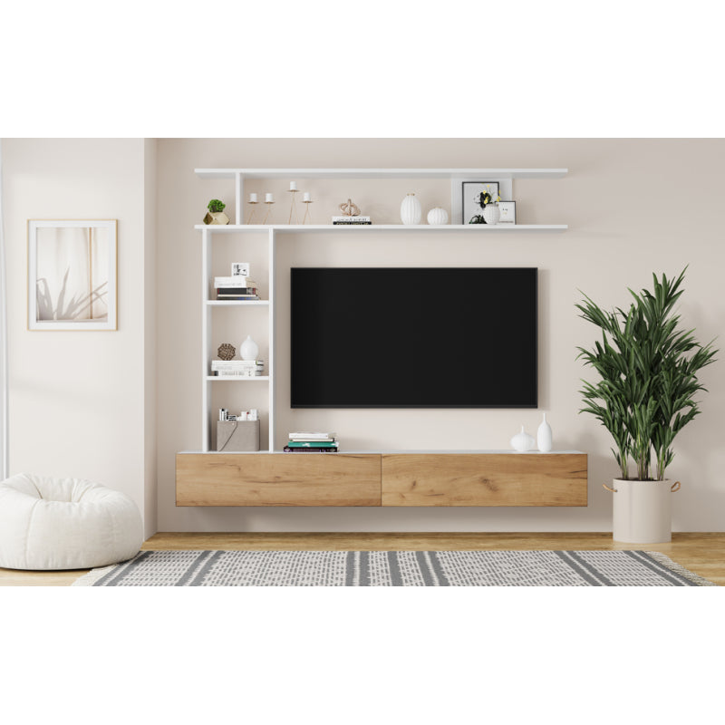 TV Meubelset – TV Meubel – Woonkamermeubel – Wandmeubel – Opbergkast – 180 cm breed – Wit en Hout – Geschikt tot 80 inch