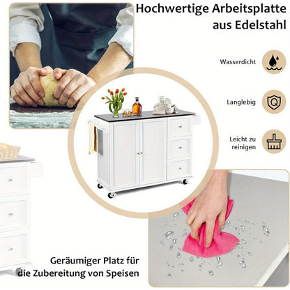 Keukenwagen – Keukentrolley – Rolwagen – Serveerwagen – Keukenkar Wit – Roestvrijstalen Werkblad – Verstelbare Afscheidingen