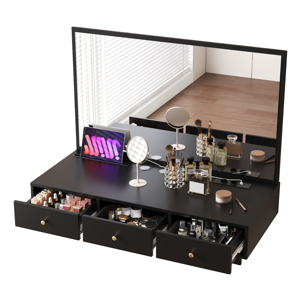Hanging dressing table with mirror, with 3 drawers, flat card slot, cup holder; black, dimensions 100 x 105 x 45cm (W x H x D), Compact Dressing Station, Minimalist Decor, Contemporary Furniture, Metal Frame, Hanging Mirror,