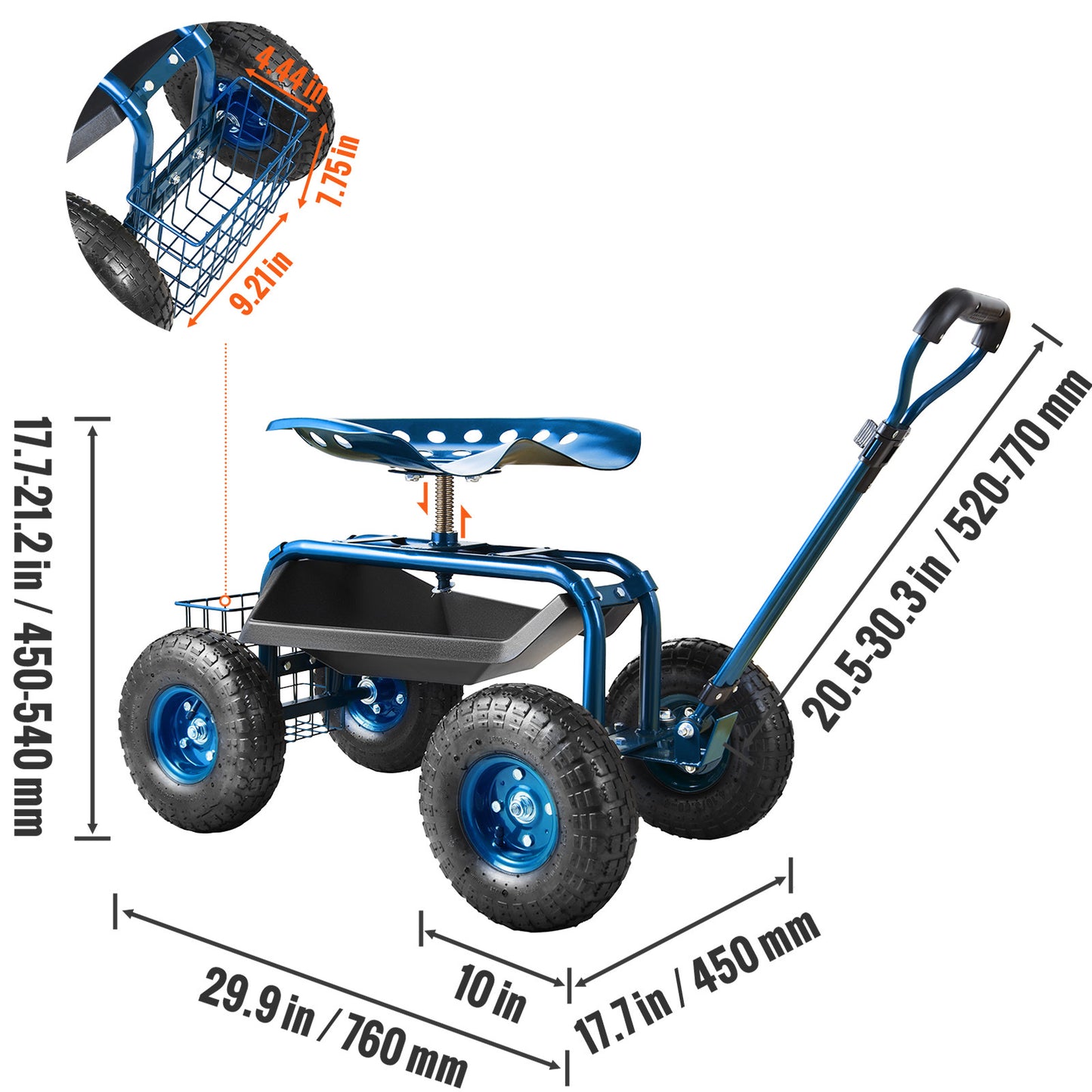 Tuinstoel – Tuinrolstoel – Werkkruk – Tuinkruk – Verrijdbare Stoel – 360° Draaibaar – Stalen Frame met Opbergmand – 10-Inch Luchtbanden