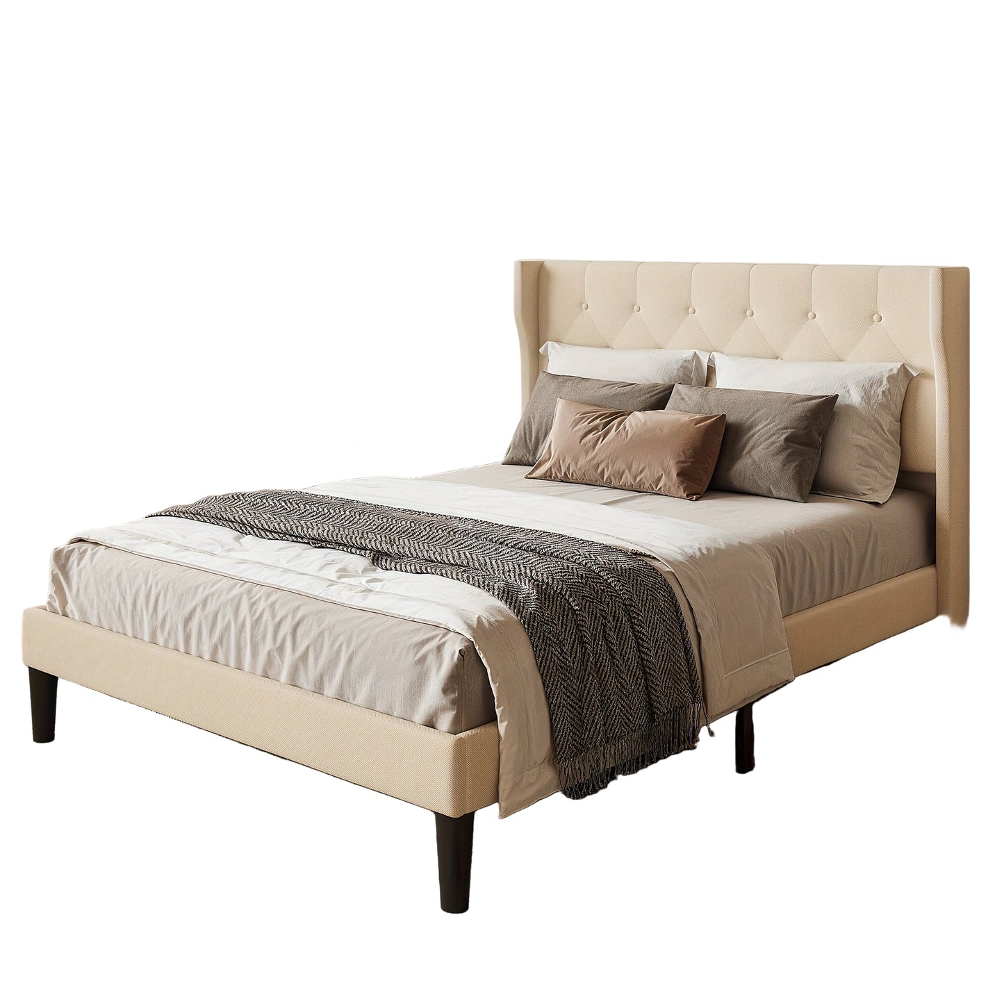 Gestoffeerd Bedframe – Gestoffeerd Bed – Bedframe Met Bekleding – Slaapkamerbed – Lattenbodem Bed – Beige Kleur – 20cm Opbergruimte – Stevig Houten Frame
