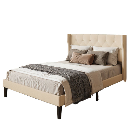 Gestoffeerd Bedframe – Gestoffeerd Bed – Bedframe Met Bekleding – Slaapkamerbed – Lattenbodem Bed – Beige Kleur – 20cm Opbergruimte – Stevig Houten Frame