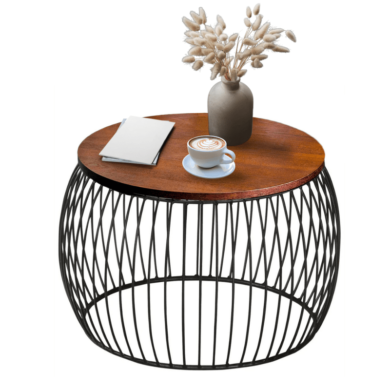 Salontafel – Koffietafel – Bijzettafel – Salon Tafel – Woonkamer Tafel – Ronde Vorm – Houtblad Chocoladebruin – Mat Zwart Metaal – Opbergruimte – Diameter 60 cm