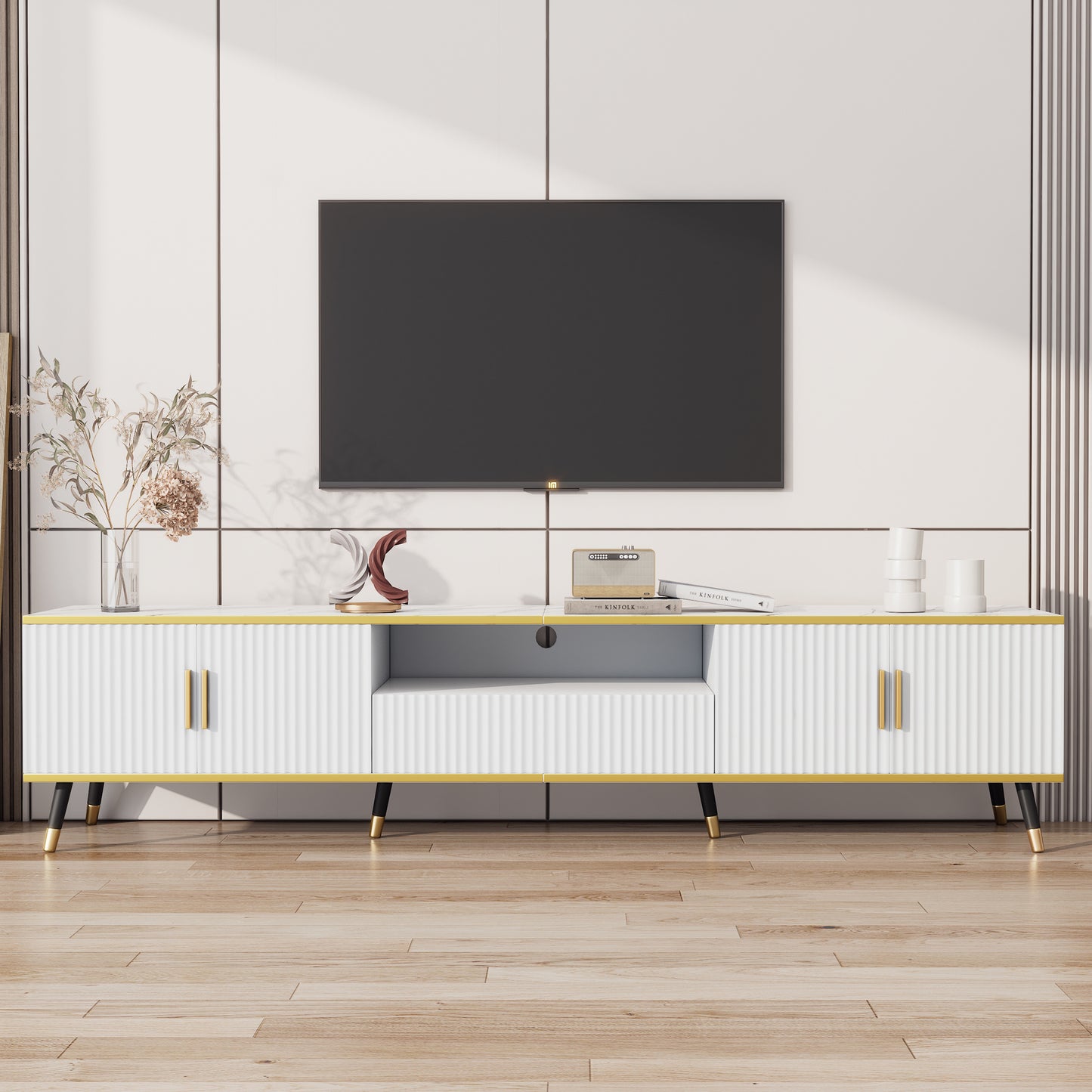 BTM Tv-Lowboard 200×40×46 Cm, Modern TV Board in White with Marble Optic, TV Table / TV Cabinet / TV Furniture for Tvs Up to 90 Inches, Living Room Furniture with Doors, Drawer & Open Shelf