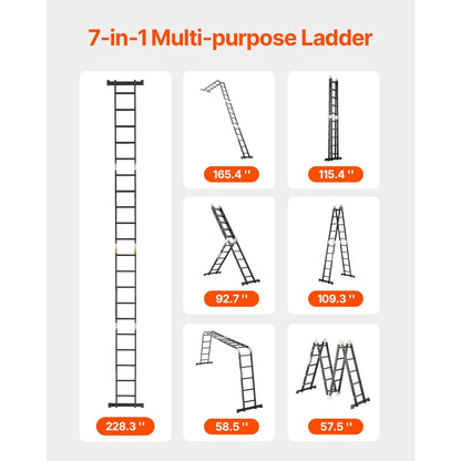 Multifunctionele Ladder – Opvouwbare Ladder – Verstelbare Ladder – Steiger Ladder – Huishoudladder – 7-in-1 Vormbaar – Aluminium Lichtgewicht 228 cm Hoog