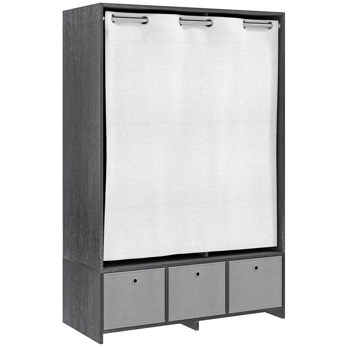 Kledingkast – Kast – Garderobekast – Kledingopslag – Slaapkamerkast – Met Gordijn – 117,5 cm Kledingroede – 3 Uitneembare Stoffen Lades – Zwarte Houtlook – 105x48x160 cm