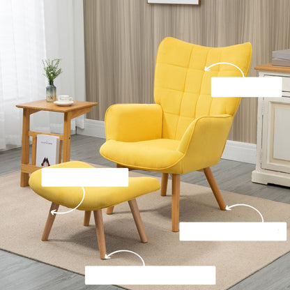 Fauteuil – Armstoel – Lounge Chair – Relaxstoel – TV Stoel – Gele Bekleding – Houten Poten – Inclusief Voetenbank – Comfortabele Zitting